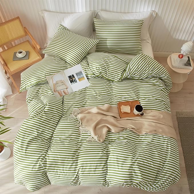 mixinni Striped Comforter Set Full Size - Green White Stripes Pattern Bed Set for All Season, 3 Pieces Lightweight Bedding Sets for All Seasons (1 Soft Fluffy Comforter + 2 Pillowcases)