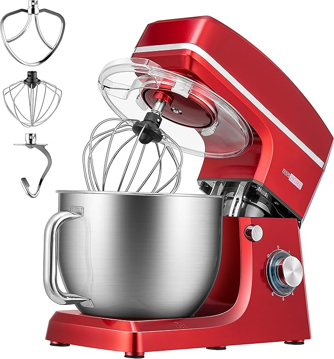 VIVOHOME 7.5 Quart Stand Mixer, 660W 6-Speed Tilt-Head Kitchen Electric Food Mixer with Beater, Dough Hook, Wire Whip, and Egg Separator, Red