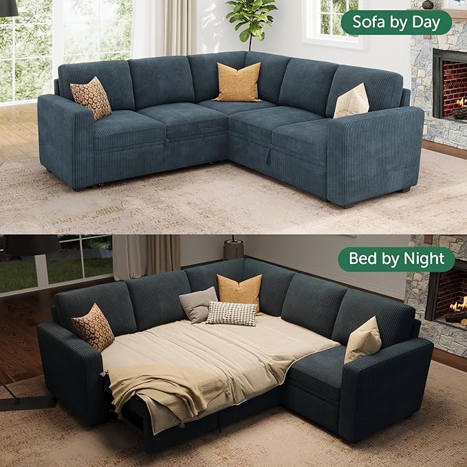 HONBAY Modular Sectional Sleeper Couch with Pull Out Bed, Corduroy L Shaped Sofa with Storage, Convertible Sectional Couches for Living Room, Blue
