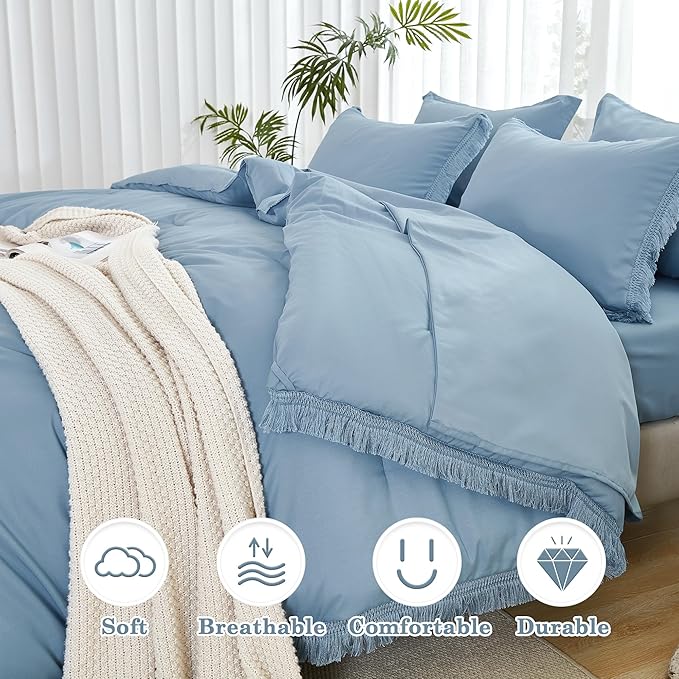 Andency Full Size Comforter Set Grayish Blue -7 Pieces Boho Tassel Bed in a Bag Soft Lightweight Bedding Sets, All Season Fringe Bed Set with Comforter, Sheets, Pillowcases & Shams