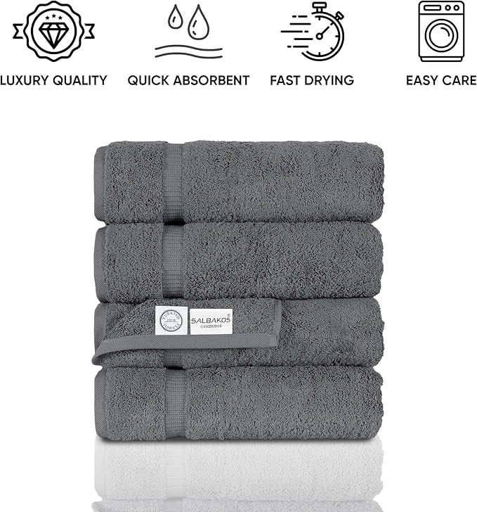 SALBAKOS 100% Turkish Cotton Bath Towel Set of 4 27x54 inch | Heirloom Quality | Hotel & Spa Collection | Ultra Soft, Super Absorbent, Long Lasting Bath Towels | Made in Turkey (Gray, 4 Bath Towels)
