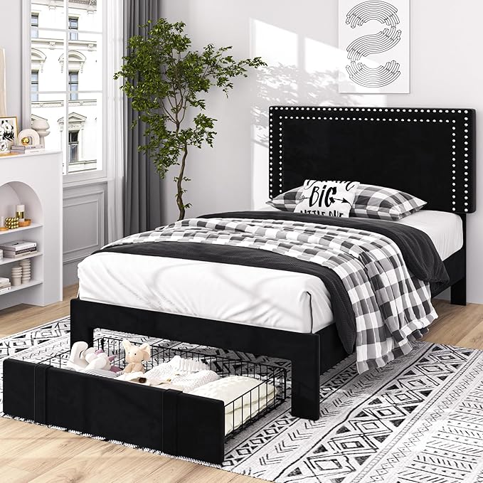 VECELO Twin Size Bed Frame with Storage Drawer, Adjustable Velvet Rivet Decor Headboard, Wooden Slats Support Platform, No Box Spring Needed, Easy Assembly