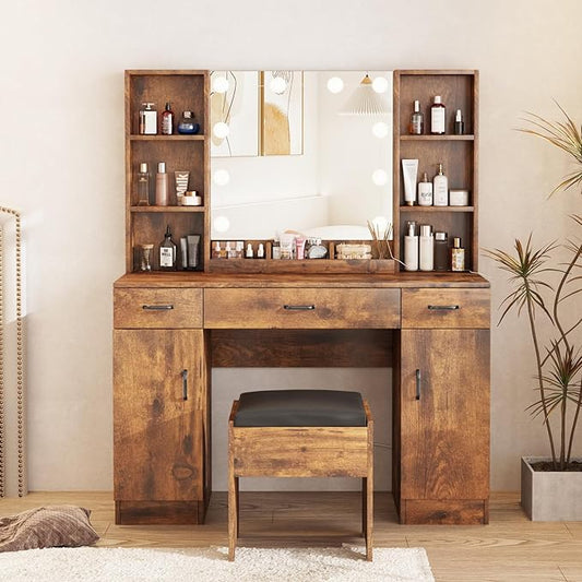 Makeup Vanity Desk with Lighted Mirror, 3 Lighting Colors, Large Vanity Set Makeup Table with 3 Drawers, 2 Cabinets and Multiple Shelves 45.2in(W)(Rustic Brown)