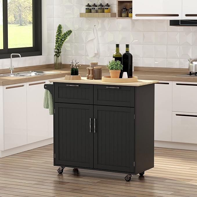 HOMCOM 41" Modern Rolling Kitchen Island on Wheels, Utility Cart Storage Trolley with Rubberwood Top & Drawers, Black