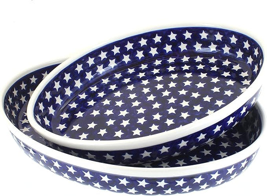 Blue Rose Polish Pottery - Blue Stars Oval Baker Set - 2 Bakers - Unique, Dishwasher Safe, & Durable Bakeware
