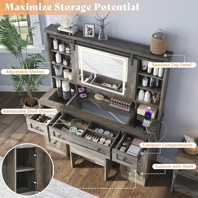 AMERLIFE 47.2" W Farmhouse Makeup Vanity Desk with Charging Station, Vanity Set with Stool & Sliding Mirror & 3 Brightness Lights, Glass Desktop, Ample Storage, Dark Oak