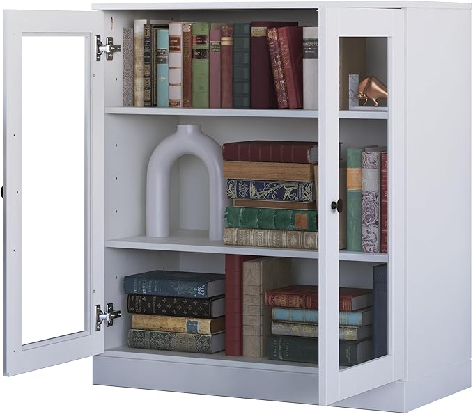 Palace Imports Solid Wood Bookcase - Floor Standing Bookshelf - 32” W - Display Furniture, Renewable 100% Eco-Friendly Wood, Made in Brazil (White, Clear Glass Doors | 3-Shelf Short Bookcase)