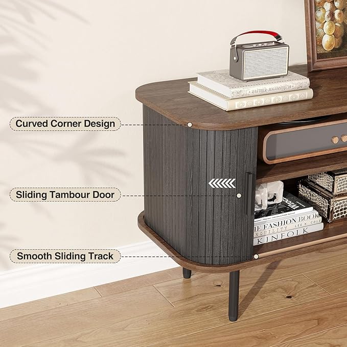 55" Modern Fluted TV Stand for TVs up to 65 Inch, Gaming Entertainment Center with Tambour Slatted Sliding Doors and Storage Cabinet, Media TV Consoles Table for Living Room, Office, Black