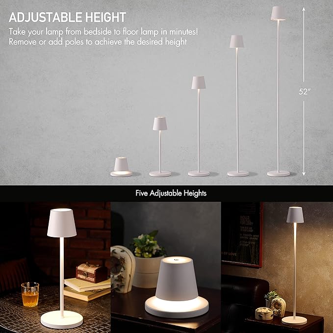 O’Bright Sandy- Cordless LED Floor Lamp for Outdoor/Indoor, Rechargeable, Water Resistant, Dimmable, Carry Light, Adjustable Height Stand Lamp for Patio, Living Room, Bedside, Table Night Lamp, White