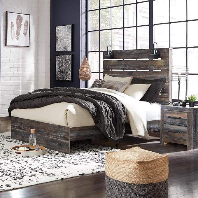 Signature Design by Ashley Drystan Rustic Queen Panel Bed, Sconce LED Lights, USB Ports and Nailheads, Foundation or Box Spring Needed, Dark Brown & Gray
