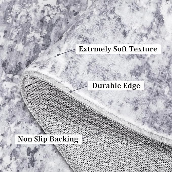 Modern Abstract Rug 3x5 Washable Rug Non Slip Stain Resistant Rug for Bedroom Living Room Non Shedding Low Pile Indoor Floor Cover, Light Grey