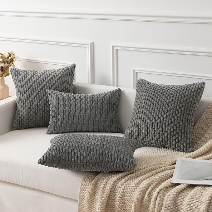 Kevin Textile Velvet Pillow Covers Striped Decorative Throw Cushion Case with Hidden Zipper for Home Couch/Bedroom/Car Soft Cozy Solid Oblong Cushion Cover 2 Pieces (12x20 Inch Dark Grey)