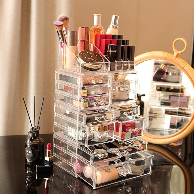 Cq acrylic 4 Pack Clear Make up Organizer Countertop,Stackable 10 Drawers Makeup Storage,Cute Vanity Organizers for dresser Hair Clip,Jewelry,Beauty Product Desk and Bathroom Organizers and Storage