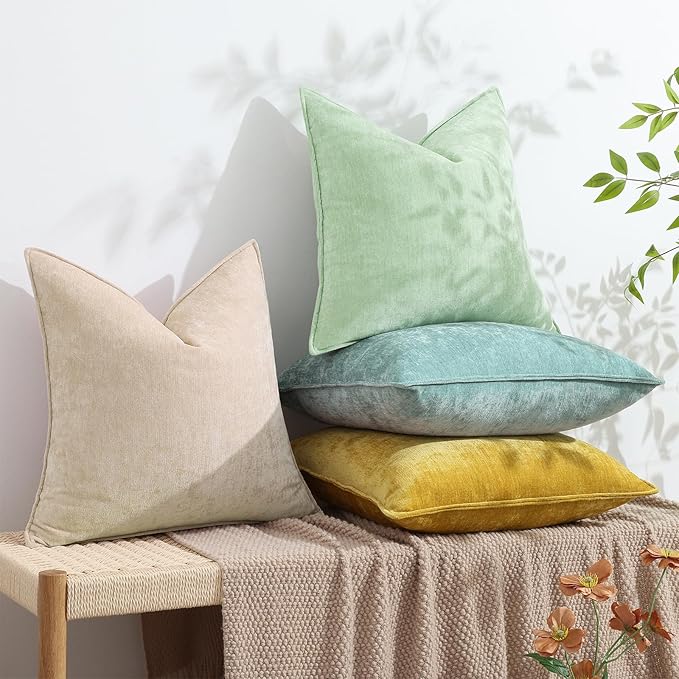 decorUhome Couch Throw Pillow Covers 16x16 Set of 2, Decorative Soft Euro Neutral Chenille Pillow Covers with Elegant Design for Sofa Bed Living Room Home Decor, Beige