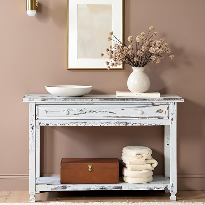 Alaterre Furniture Rustic Country Cottage Console Table with 1 Drawer & 1 Shelf, Distressed Finish - Perfect for Living Room, Entryway, Hallway