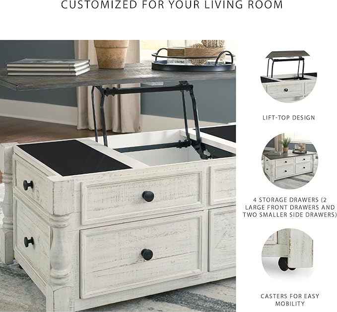 Signature Design by Ashley Havalance Farmhouse Lift Top Coffee Table with 4 Storage Drawers and Small Storage Tray, Whitewash