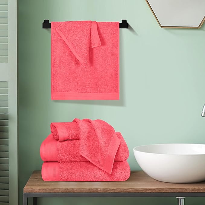 Ultra Soft 6 Pack Cotton Towel Set, Contains 2 Bath Towels 28x55 inch, 2 Hand Towels 16x24 inch & 2 Wash Coths 12x12 inch, Ideal Everyday use, Compact & Lightweight - Coral Orange