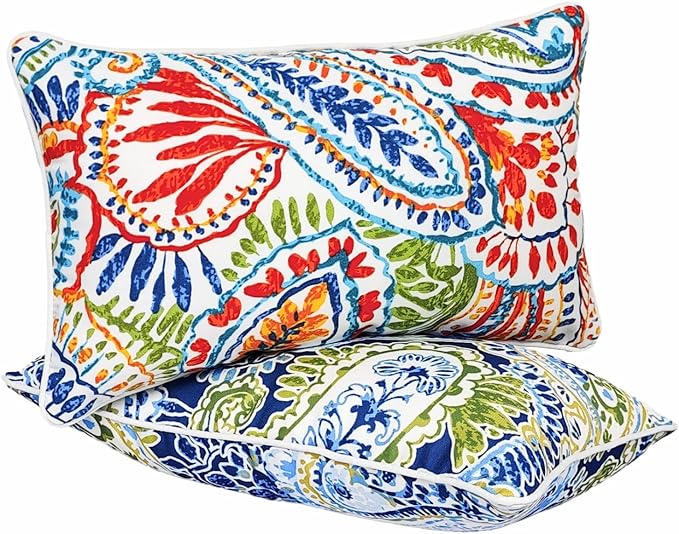 JMGBird 12×20 Inch Outdoor Lumbar Pillows Pack of 2 Colors Waterproof Throw Pillows with Insert Rectangular Decorative Garden Cushion for Home Furniture Patio Coach Sofa
