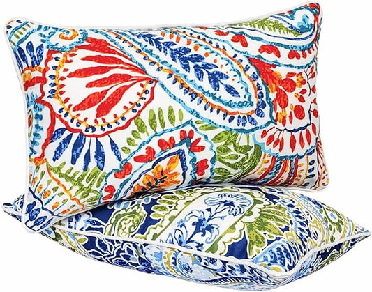JMGBird 12×20 Inch Outdoor Lumbar Pillows Pack of 2 Colors Waterproof Throw Pillows with Insert Rectangular Decorative Garden Cushion for Home Furniture Patio Coach Sofa