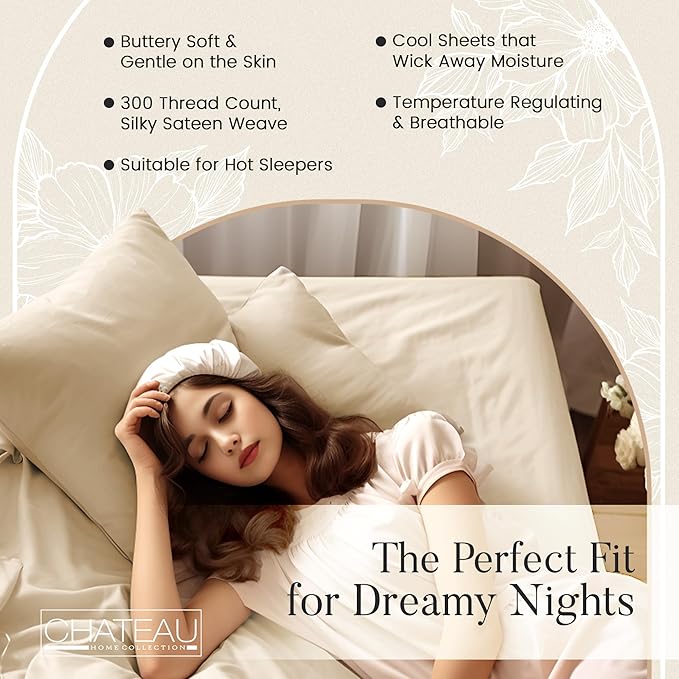 Queen Sheet Set - 300TC Organic Cotton Bedding Sheets & Pillowcases - Soft, Durable and Luxurious 4PC Sateen Weave Ivory Bed Sheets for Queen Size Bed, No Pill & Shrink Thick Machine Washable