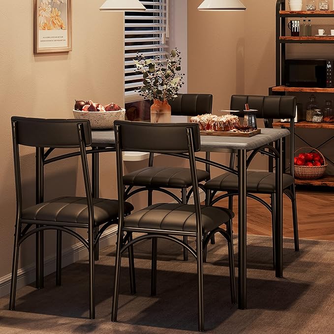 Kitchen Table and Chairs for 4, Dining Table Set for 4 with Upholstered Chairs, 5 Piece Rectangular Kitchen Table Set, Dining Room Table Set for Small Space, Apartment, Rustic Gray