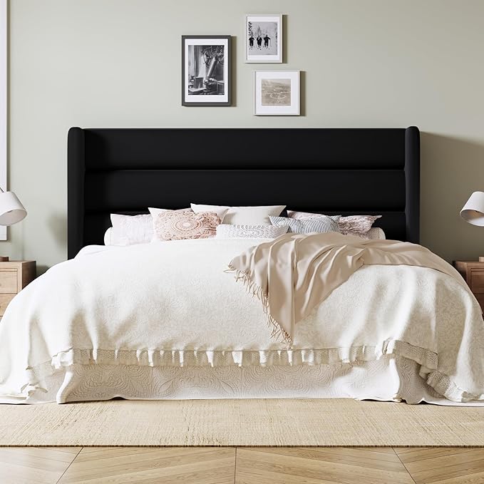 Allewie King Size Platform Bed Frame with Velvet Upholstered Wingback Headboard, No Box Spring Needed, Under Bed Storage Space, Strong Wooden Slats, Modern Mattress Foundation, Easy Assembly, Black