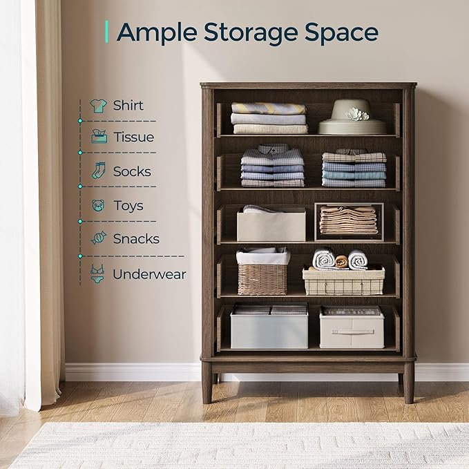 LINSY HOME Fluted Dresser for Bedroom with 5 Drawers, 46" Tall Chest of Drawers, Mid Century Modern Dresser with Metal Handle, Wood Closet Storage Cabinet for Living Room, Hallway, Walnut