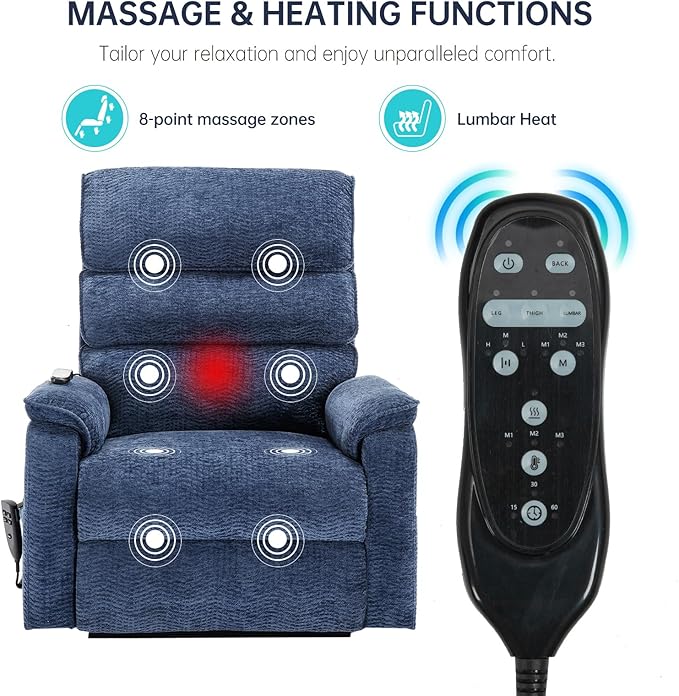 Electric Lift Chair with Heat and Massage, Dual Motor Recliner Lift Chair with Infinite Position, 72.4in Long Big and Tall Recliner, Blue Extra Wide Recliner, Chenille Fabric