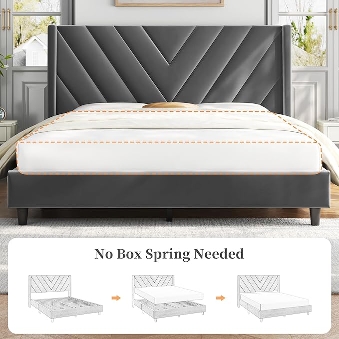 Yaheetech Queen Bed Frame Upholstered Platform Bed with Wing Side/Wooden Slat Support/Tufted Headboard with Wing Side/Mattress Foundation/No Box Spring Needed,Dark Gray Queen Bed