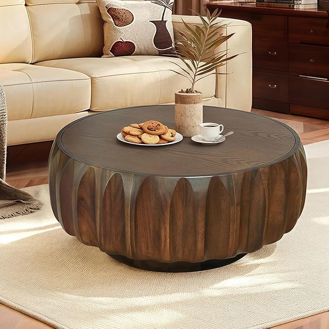 31.5" Drum Coffee Table Modern Unique Fluted Tea Table Contemporary Wood Round Coffee Table with Fluted Centry Table for Living Room Walnut