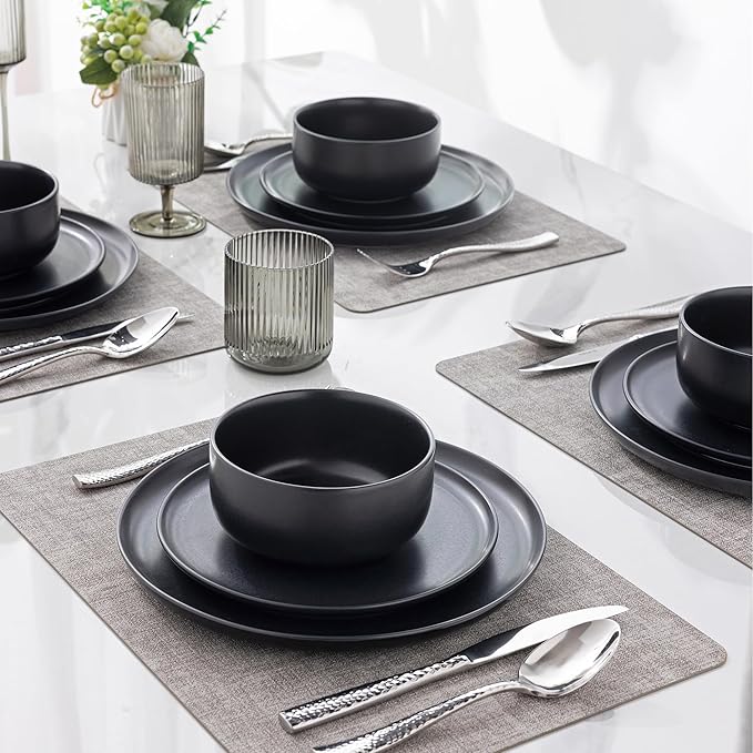 LERATIO Stoneware Dinnerware Sets for 4,Handcarft Ceramic Plates and Bowls Sets,Chip and Scratch Resistant Dishes, Dishwasher & Microwave Safe, Oven safe,Reactive Glaz-Black