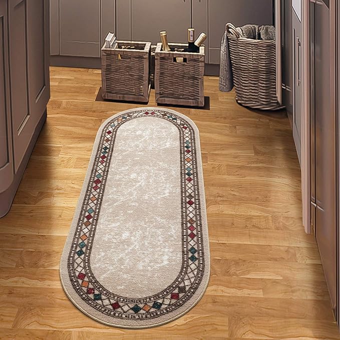 Antep Rugs Alfombras Modern Bordered 2x5 Non-Skid (Non-Slip) Low Profile Pile Rubber Backing Kitchen Area Rugs (Beige, 2' x 5' Oval)