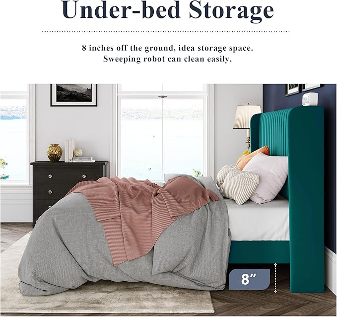 Allewie King Size Bed Frame/Velvet Upholstered Platform Bed/Vertical Channel Tufted Wingback Headboard/Strong Wooden Slats/No Box Spring Needed/Easy Assembly/Teal