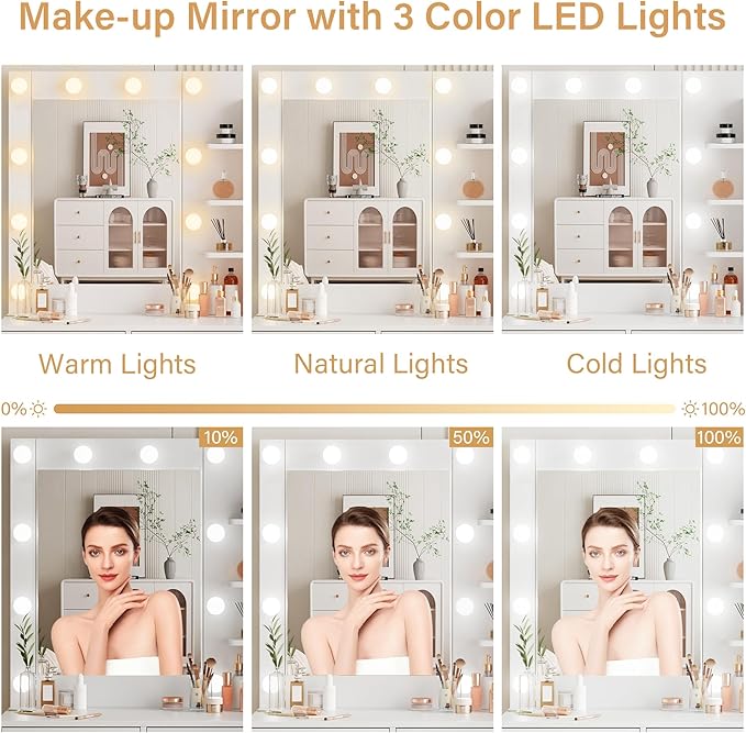 KAMABOKO Vanity Desk with Mirror, LED Lights and Power Outlet, Makeup Vanity Table with Glass Display Cabinet and 4 Drawers, Dressing Table with Stools for Bedroom (White)