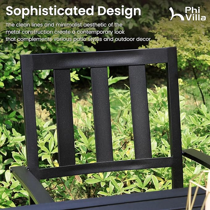 PHI VILLA 7 Piece Outdoor Dining Set for 6, 64" Metal Steel Dining Table with Umbrella Hole & Black Stacking Dining Chairs for Patio, Yard, Porch, Deck