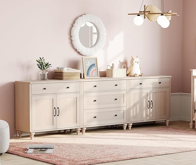 WAMPAT Farmhouse TV Stand for 100 Inch TV, TV Console Table with 5 Drawers, Entertainment Center for 75/80/85/90 Inch TV, Kitchen Sideboard Buffet Cabinet for Dining Room & Living Room, Light Beige