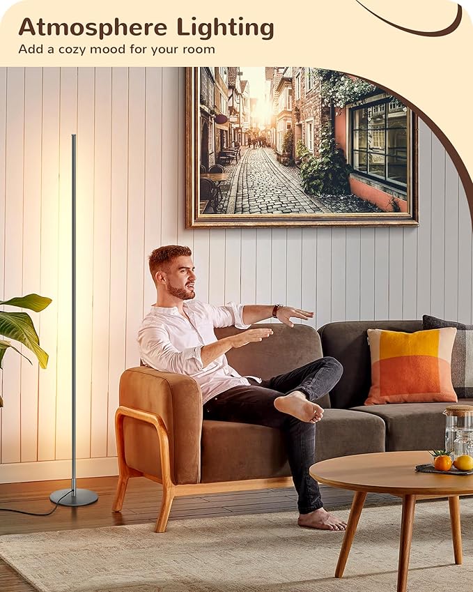 EDISHINE LED Corner Floor Lamp, Minimalist Dimmable Light with Remote, 57.5 Inches Tall Floor Lamps for Living Room, Bedroom, Home Office, 7 Color Temperature 2700-6000K (Silver)