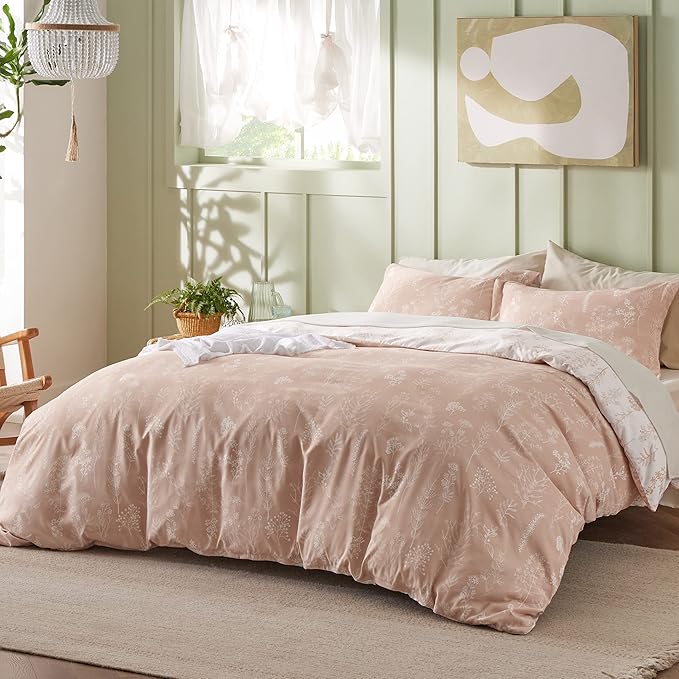 Bedsure Queen Comforter Set - Dusty Rose Bed Set, 3 Pieces Cute Floral Bedding, 1 Soft Reversible Botanical Flowers Comforter and 2 Pillow Shams