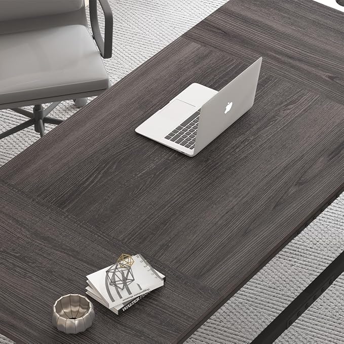 IBF Long Desks for Home Office, Large Metal Wooden Computer Desk for 2 Monitors, 70 Inch Two Person Desk for Executive Work Writing Study Gaming, Industrial Modern Big Double Desk, Dark Gray Oak