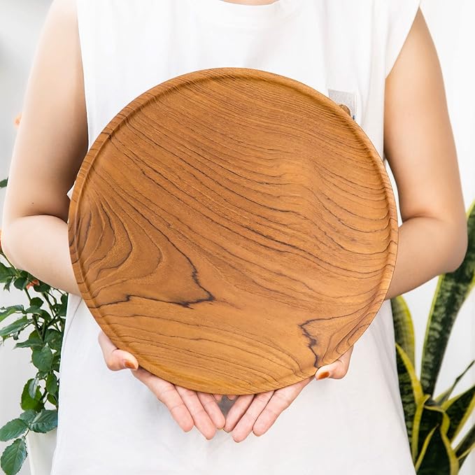 Rainforest Bowls Set of 4 12" Round Javanese Teak Wood Dinner Plates- Perfect for Everyday Use- Hot & Cold Friendly, Ultra-Durable, Premium Wooden Plates- Handcrafted by Indonesian Artisans