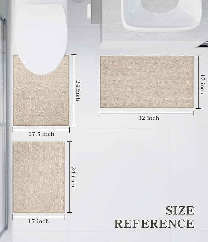 chakme Bathroom Rug Sets 3 Piece, Ultra Thin Bath Mat Quick Dry Bath Mat, Absorbent Bath Mat for Bathroom Non Slip Machine Washable, (Light Beige)