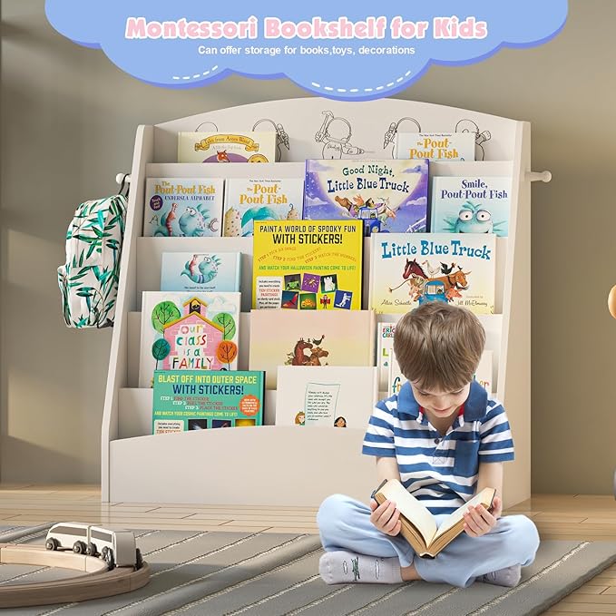 NACHES 5-Tier Kids Bookshelf - Toddler Book Display Shelves, Montessori Bookshelf for Kindergarten, Nursery, Bedrooms, Classrooms - Wooden Children Book Display (White)