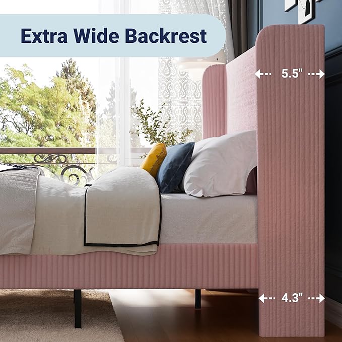 Allewie Full Size Bed Frame with Upholstered Wingback Headboard, Vertical Channel Tufted Corduroy Velvet Platform Bed, Strong Wooden Slats Support, No Box Spring Needed, Easy Assembly, Light Pink
