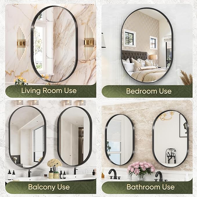 Suidia 24" x 36" Bathroom Mirror, Bathroom Vanity Mirror Metal Framed, Wall-Mounted Mirrors for Bedroom, Living Room, Entryway, Hallway, Black, Oval Style