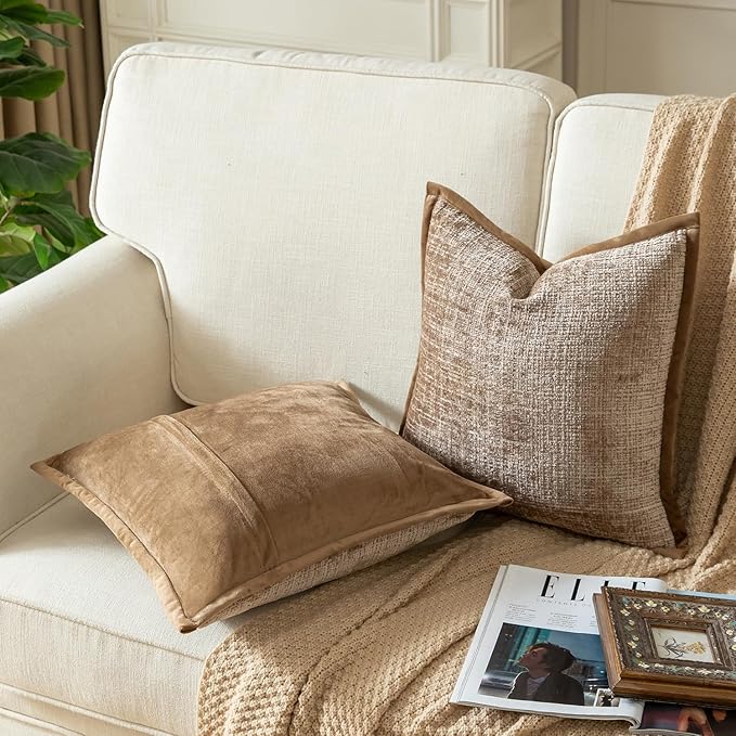 Yaertun Pack of 2 Chenille Textured Decorative Throw Pillow Covers Accent Solid Cushion Cover Soft Cozy Pillow Case with Velvet Back for Couch Sofa Bed Living Room 22x22 Inch Camel