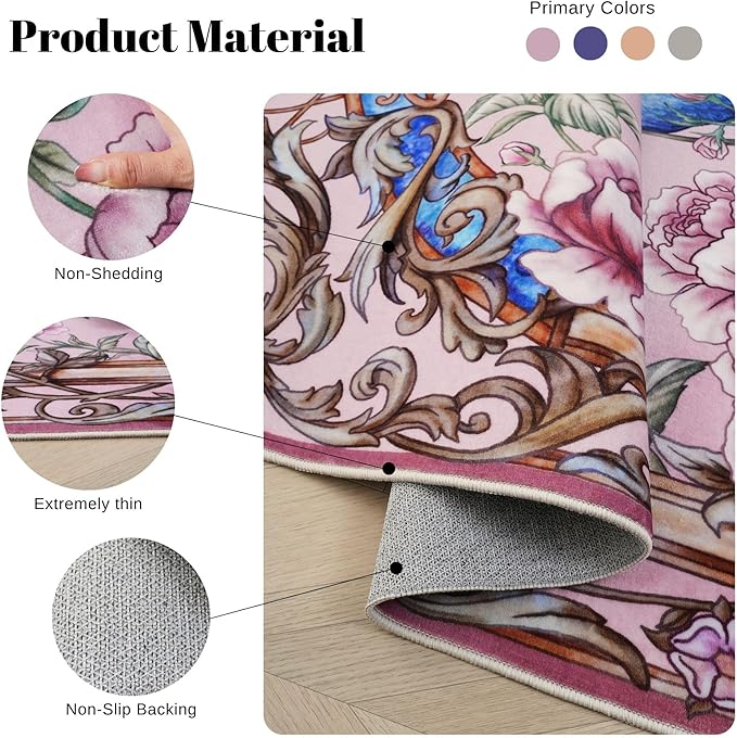 Runner Rug for Kitchen 2'x6' Washable Rugs with Rubber Backing Non Slip Soft Floral Peacock Animal Carpet Runner for Kitchen, Laundry, Bedroom, Bathroom (Pink)