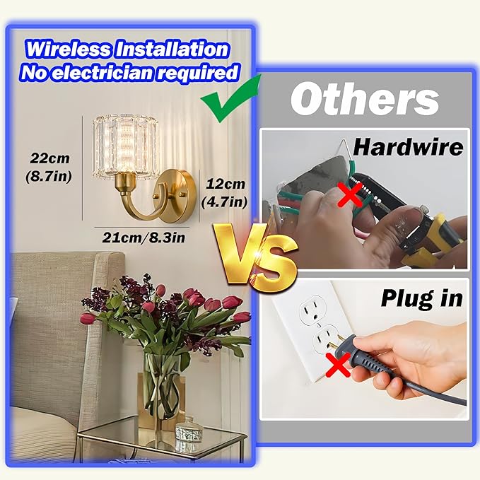 Wall Sconces Battery Operated Wall Lights Set Of Two, Wireless Rechargeable Wall Sconces With 10000mAh RGB Light Bulb, Crystal Wall Sconce With Remote Control For Bedroom, No Electrician Required