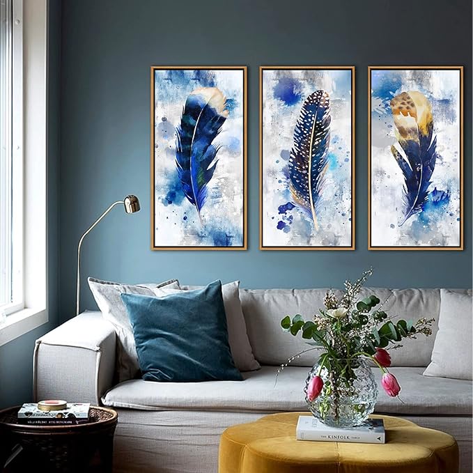 Framed wall art Feather Canvas Wall Art for Living Room Bedroom Large Modern Artwork Blue Watercolor feather Print picture 3 pieces Framed Wall Decor Ready to Hang for Home Office Decoration (With