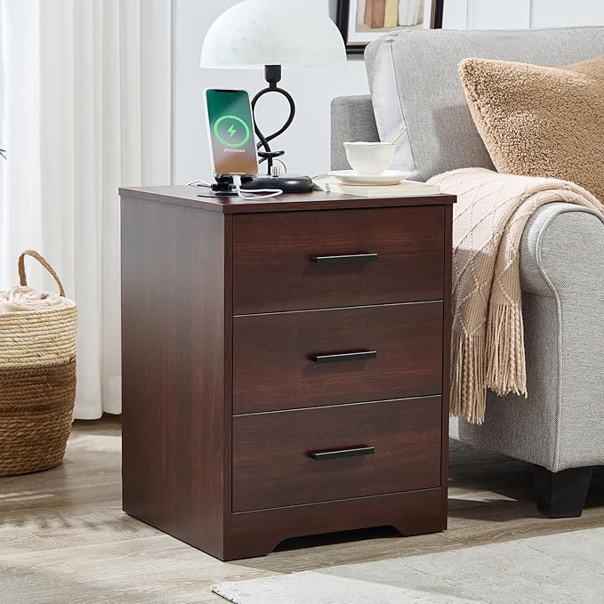 LIDYUK Dark Cherry Dresser for Bedroom, 3 Drawer Dressers & Chest of Drawers, Modern Wood Dresser with Charging Station, End Table Nightstand Bedside Table for Bedroom, Living Room