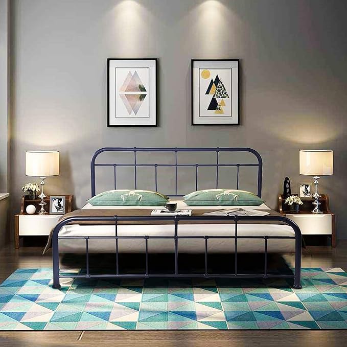 Metal Bed Frame Platform with Head Board Foot Board Vintage Mattress Foundation with Metal Slats Queen Size for Bedroom School Students Kids Adults Storage Under 500lbs (Black Metal, Queen)